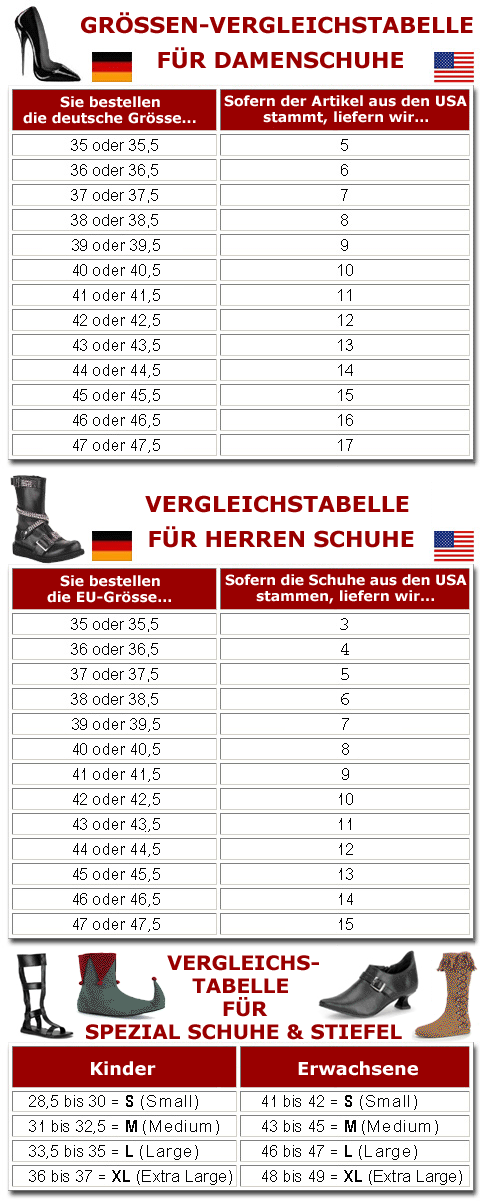 Grössenvergleichstabelle für Damenschuhe